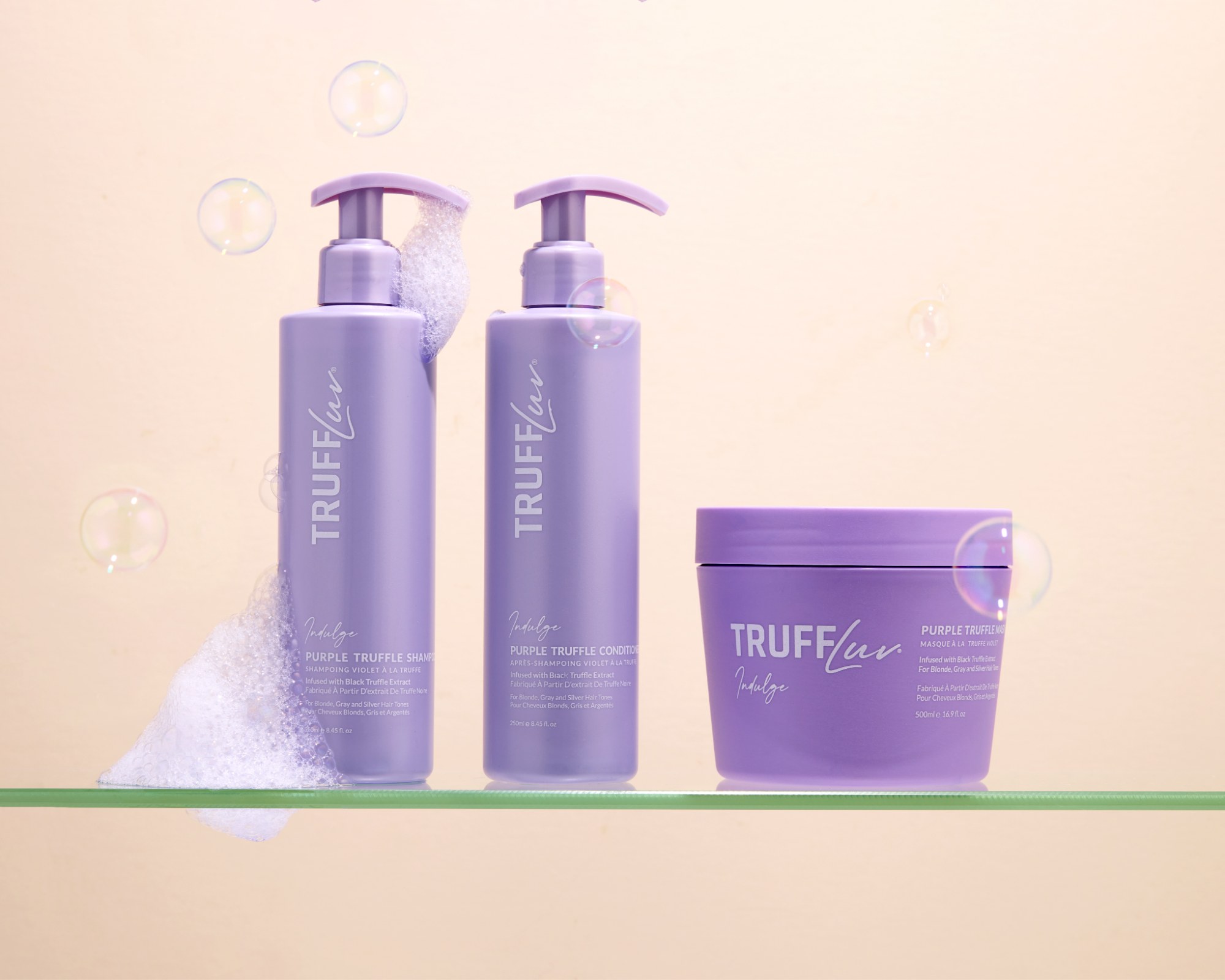 TruffLuv Purple Truffle shampoo, conditioner and mask with bubbles