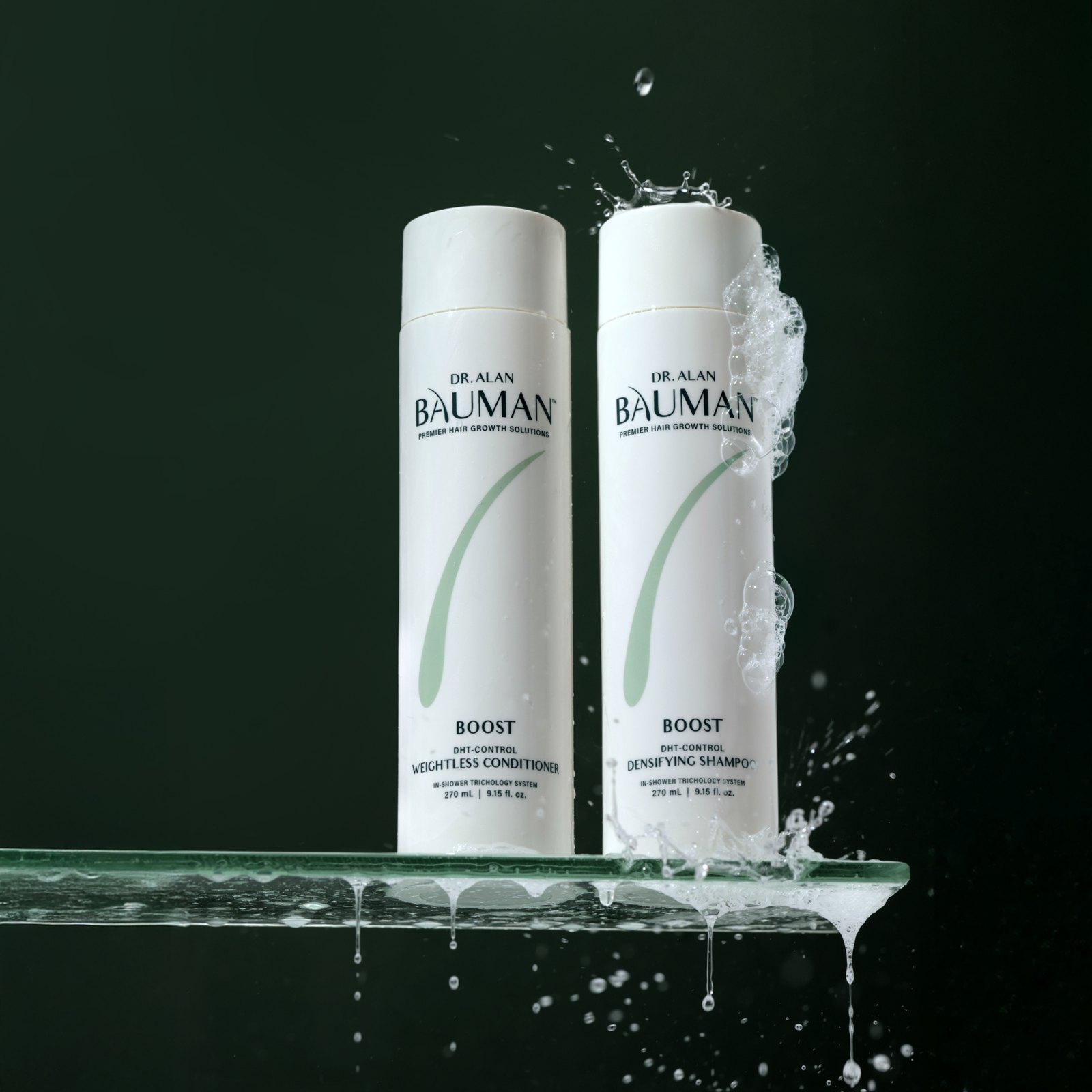 Bauman Boost shampoo and conditioner with water splash