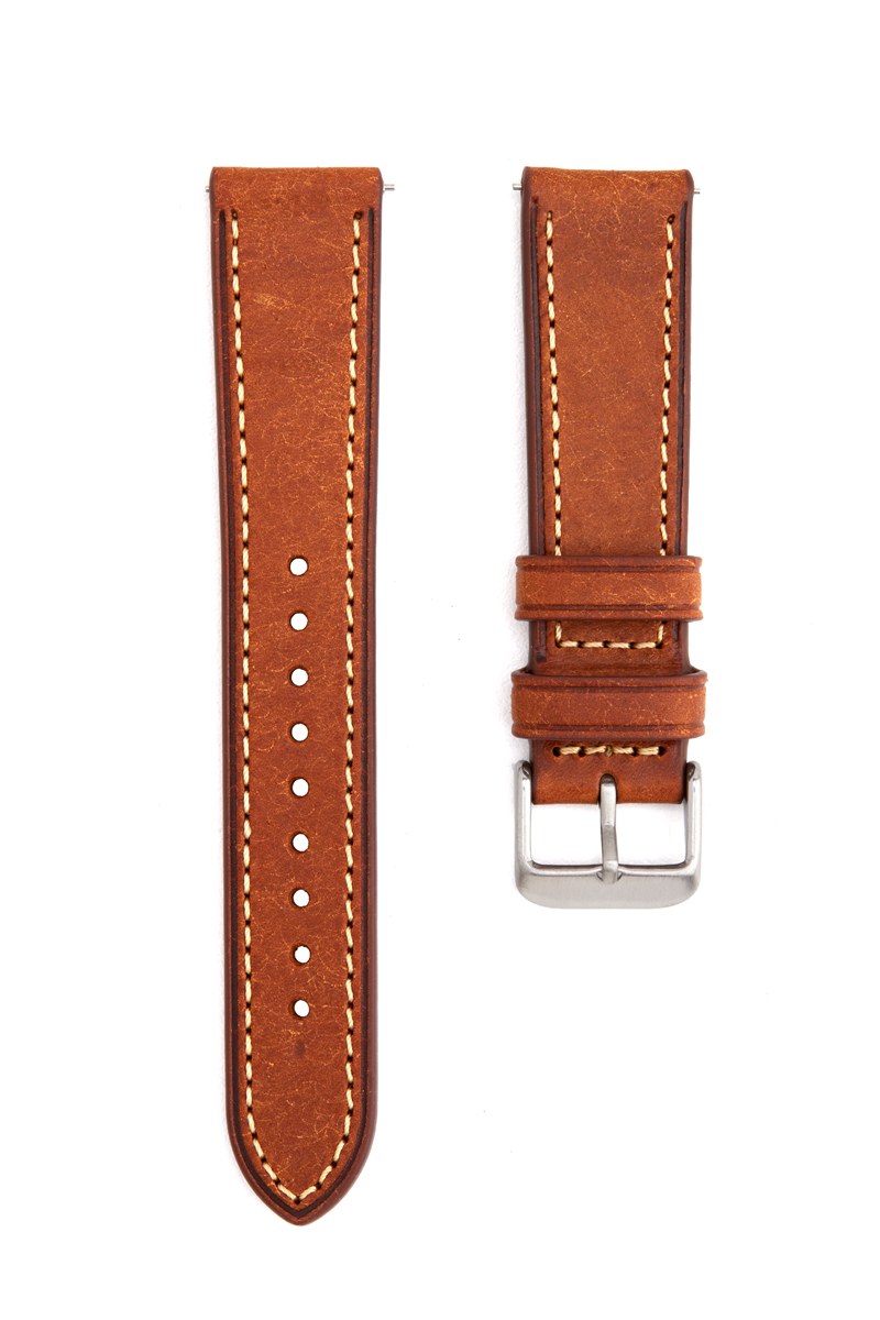 Brown leather watch strap with contrast stitching and steel buckle